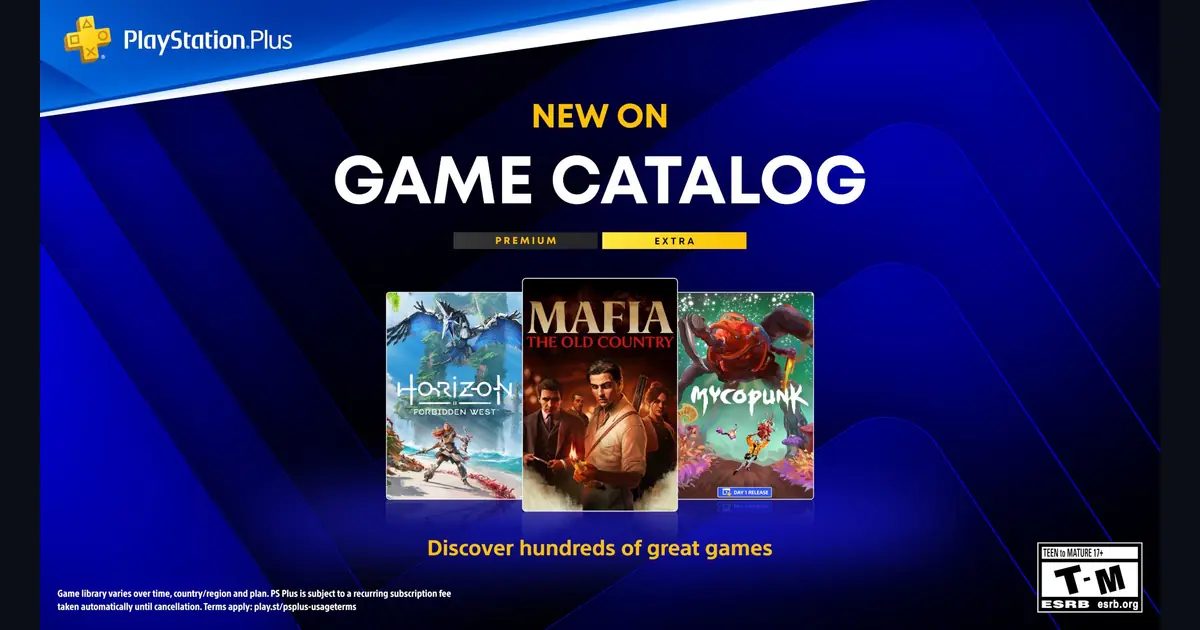 PlayStation Plus Game Catalog artwork featuring Mafia The Old Country, Horizon Forbidden West and Mycopunk